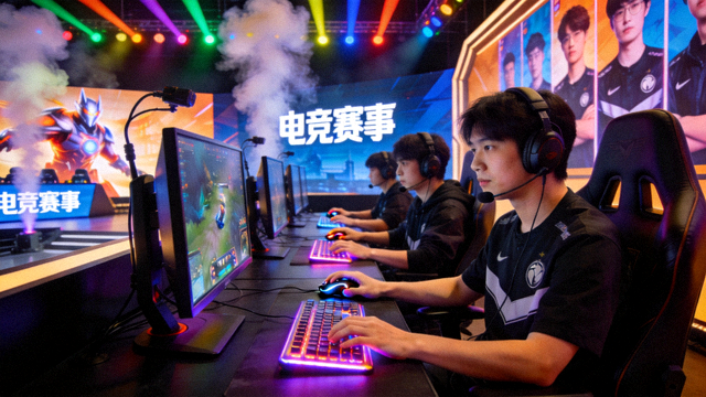 电竞赛事现场，选手在比赛舞台上进行对局操作